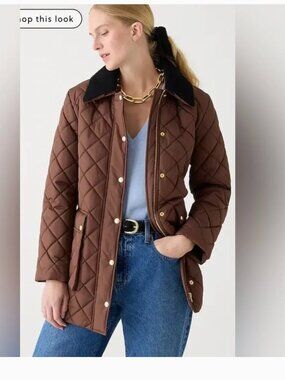 J. Crew Quilted Barn Jacket Heritage Quilted PrimaLoft brown black collar XS